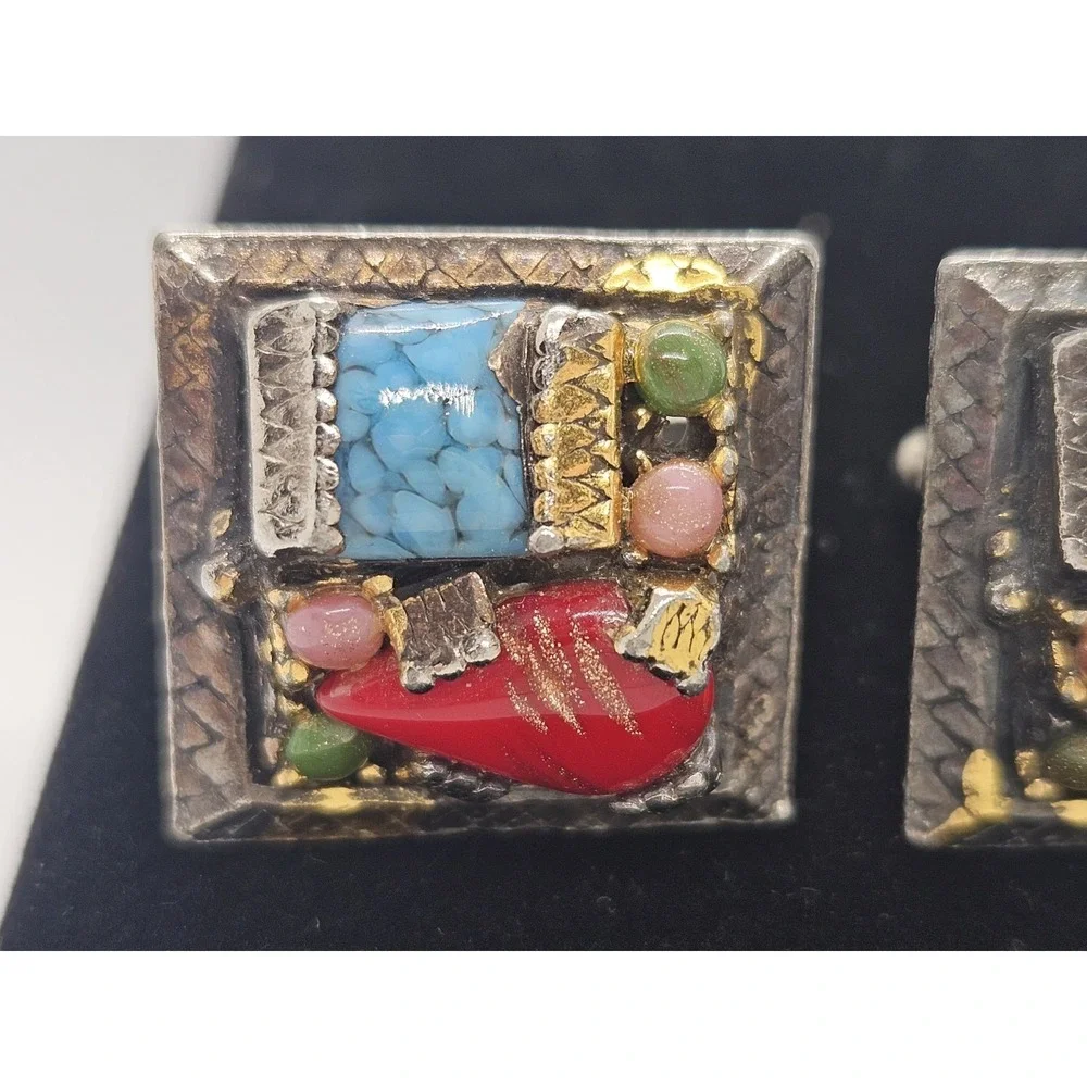 Vintage Artisan Mosaic Stone Inlayed Bronze Cuff‎ Links